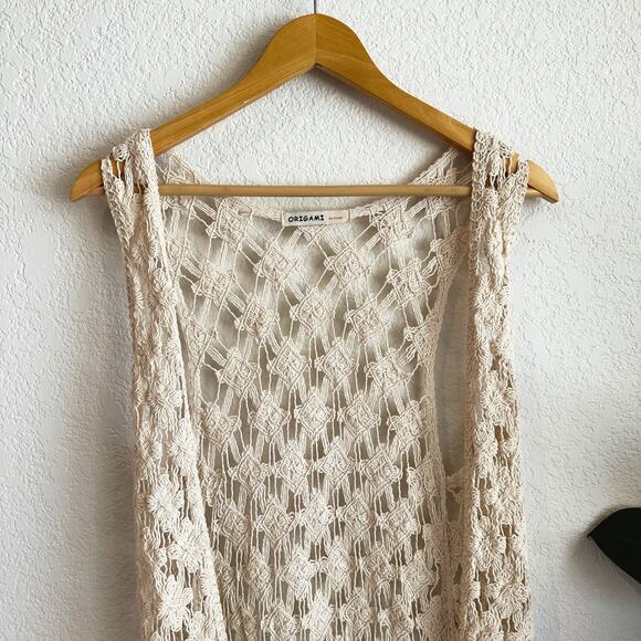 Origami By Vivian Crochet Duster Vest OS Fringe Open Boho Hippie Festival 90s - Picture 2 of 6